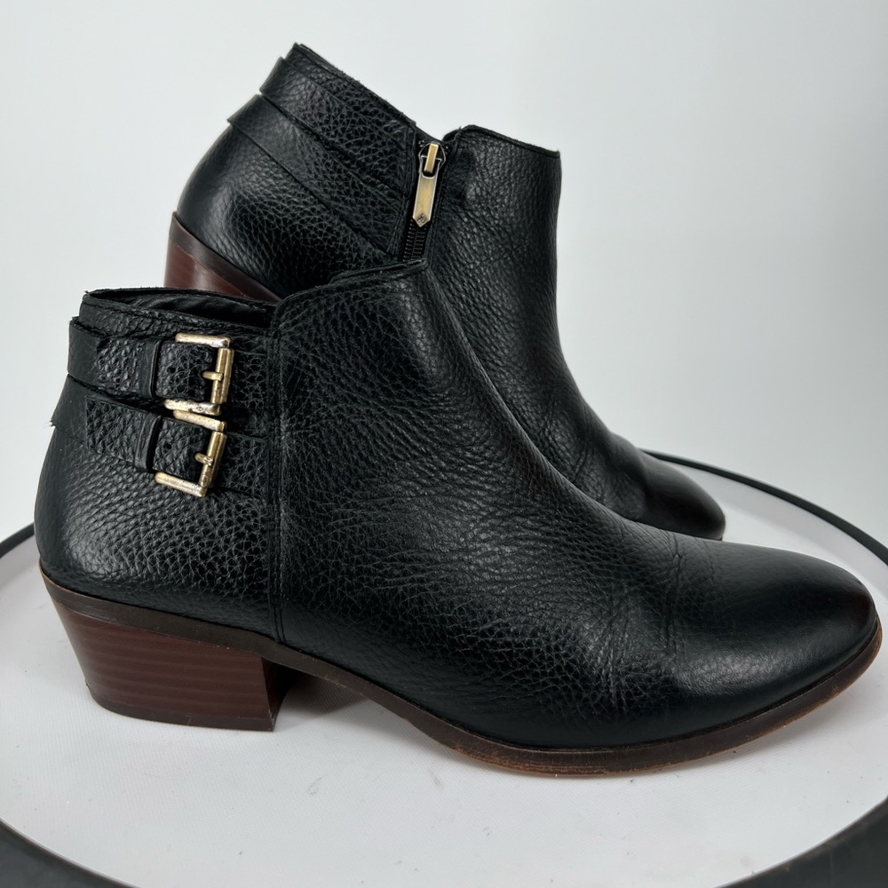 SAM EDELMAN BLACK LEATHER BUCKLE BOOTIES, ALMOND TOE WOODEN HEEL, INSIDE ZIPPER